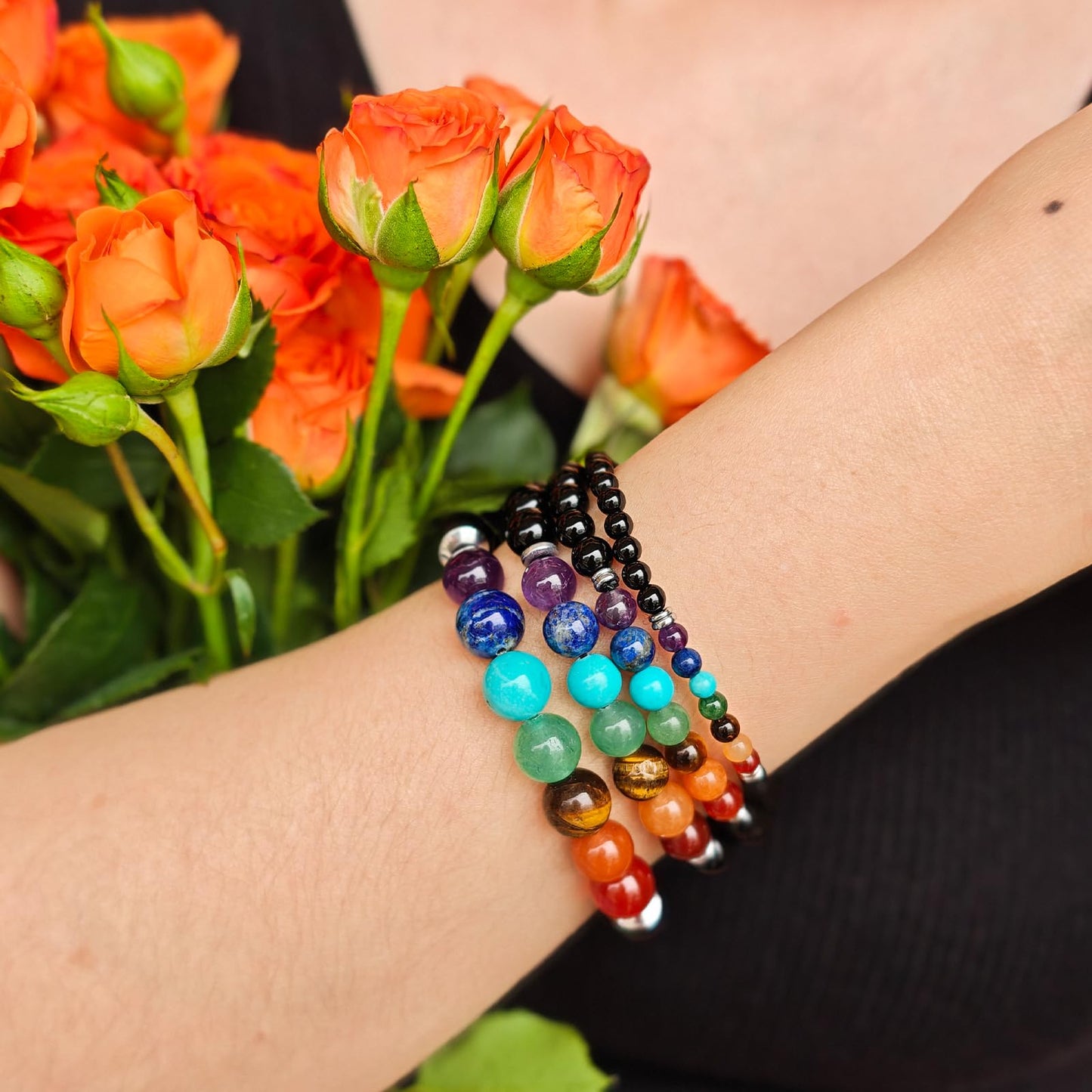 Handmade Natural Gemstone Elastic Bracelet - Healing Crystal Beads Jewelry, Unisex (Seven Chakra Stones, 8mm)