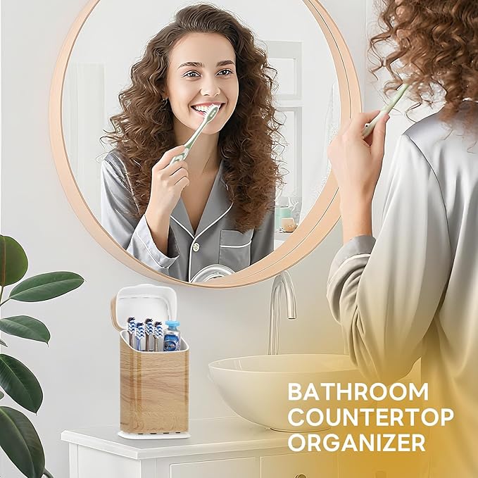 Toothbrush Holders with Cover - 5 Slots Toothbrush and Toothpaste Holde Kids Tooth Brush Holder for Bathroom, Detachable Bathroom Sink Organizer countertop, Wood