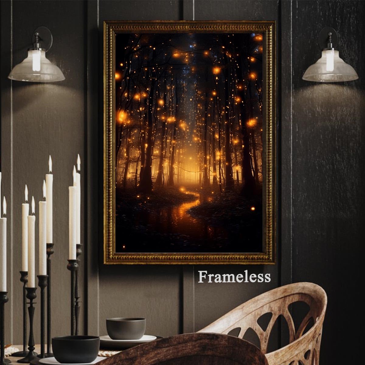 Magical Forest Wall Art Canvas - Fireflies Landscape Poster, Botanical Prints, Moody Natural Vertical Art, Dark Academia Forest Painting for Home 16x24inch No Frame