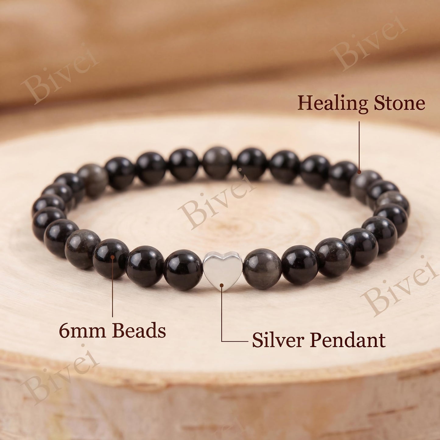 Bivei 6mm Obsidian Crystal Stretch Bracelets for Women, Handmade Natural Stone Beaded Bracelet, Yoga Protection Jewelry Gift