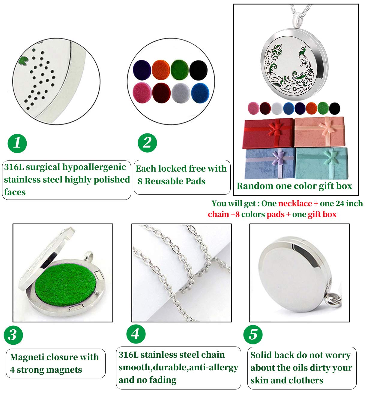 Popeoiuh Aromatherapy Essential Oil Diffuser Necklace - Stainless Steel Locket Peacock Pendant with 24" Chain 8 Colors Pads for Mother Christmas Birthday Father's Day Women Men