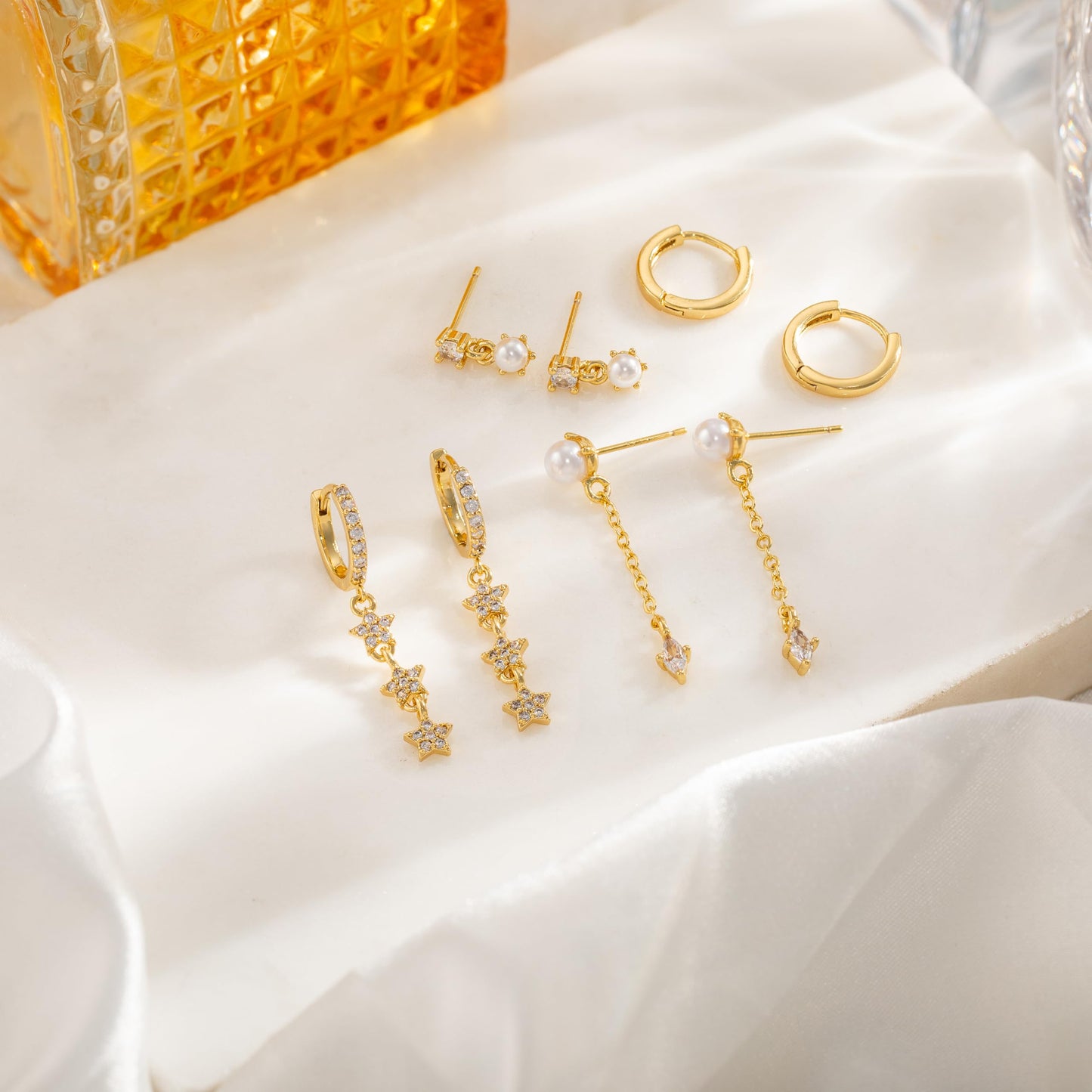 Moodear Dainty Pearl Drop Hoop Earrings for Women - Trendy 14K Gold Plated Dangle Stud Chain Baroque Pearls Hypoallergenic Earring Sets for Multiple Piercing