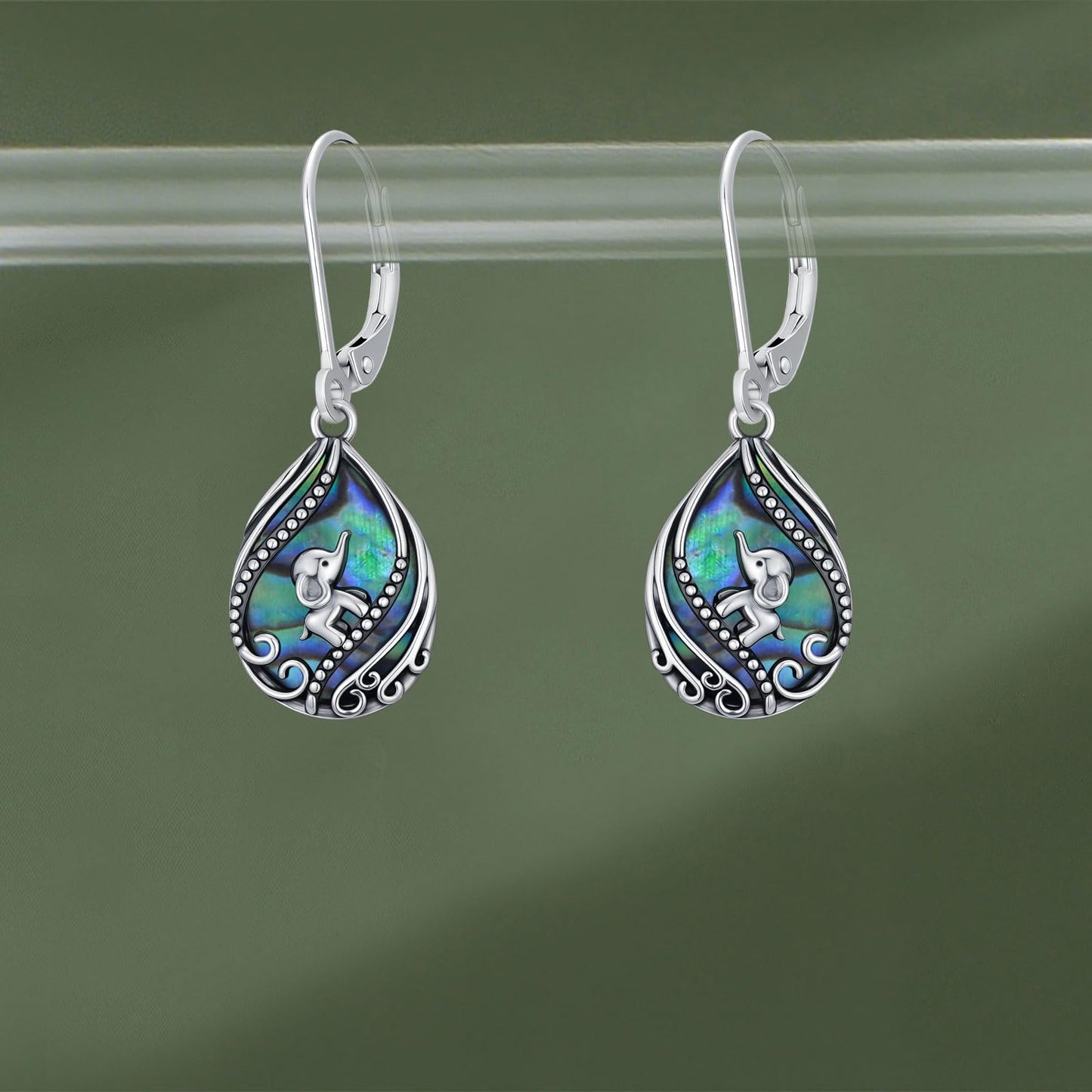 YYmqmq Elephant Earrings for Women 925 Sterling Sliver Abalone Dangle Earrings Leverback Abalone Shell Jewelry Elephant Gifts for Women Girlfriend