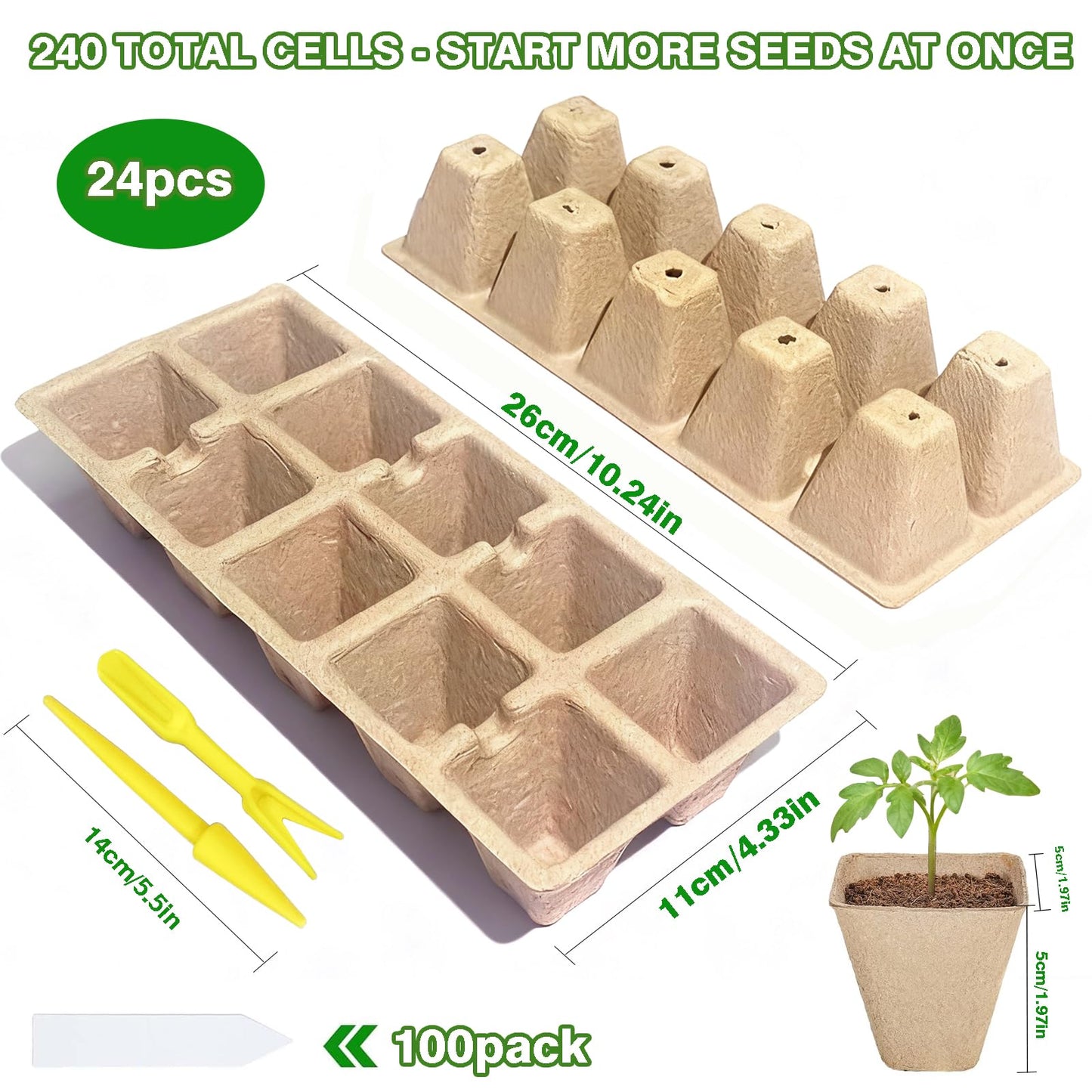Kimdozee 240 Cells Seed Starter Tray, 24 Pack Germination Peat Pots with 100 Labels, Plant Starter Kit for Seedlings