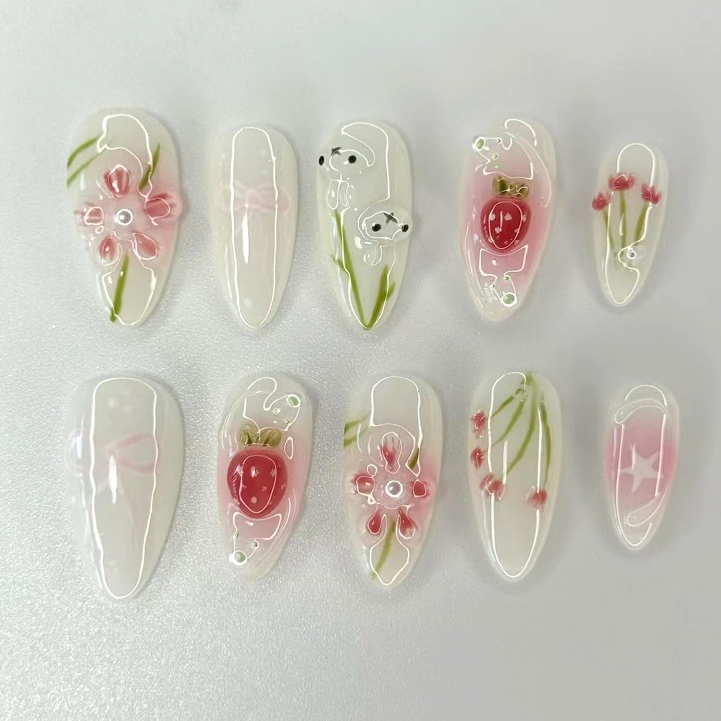 CJDLTS Flower Press on Nails Medium Almond Shaped 3D Cute Floral Blush Strawberry with Glossy Rabbit Pearl Stick on Nails Full Cover Artificial Acrylic Fingernails Glue on Nail for Women Manicure
