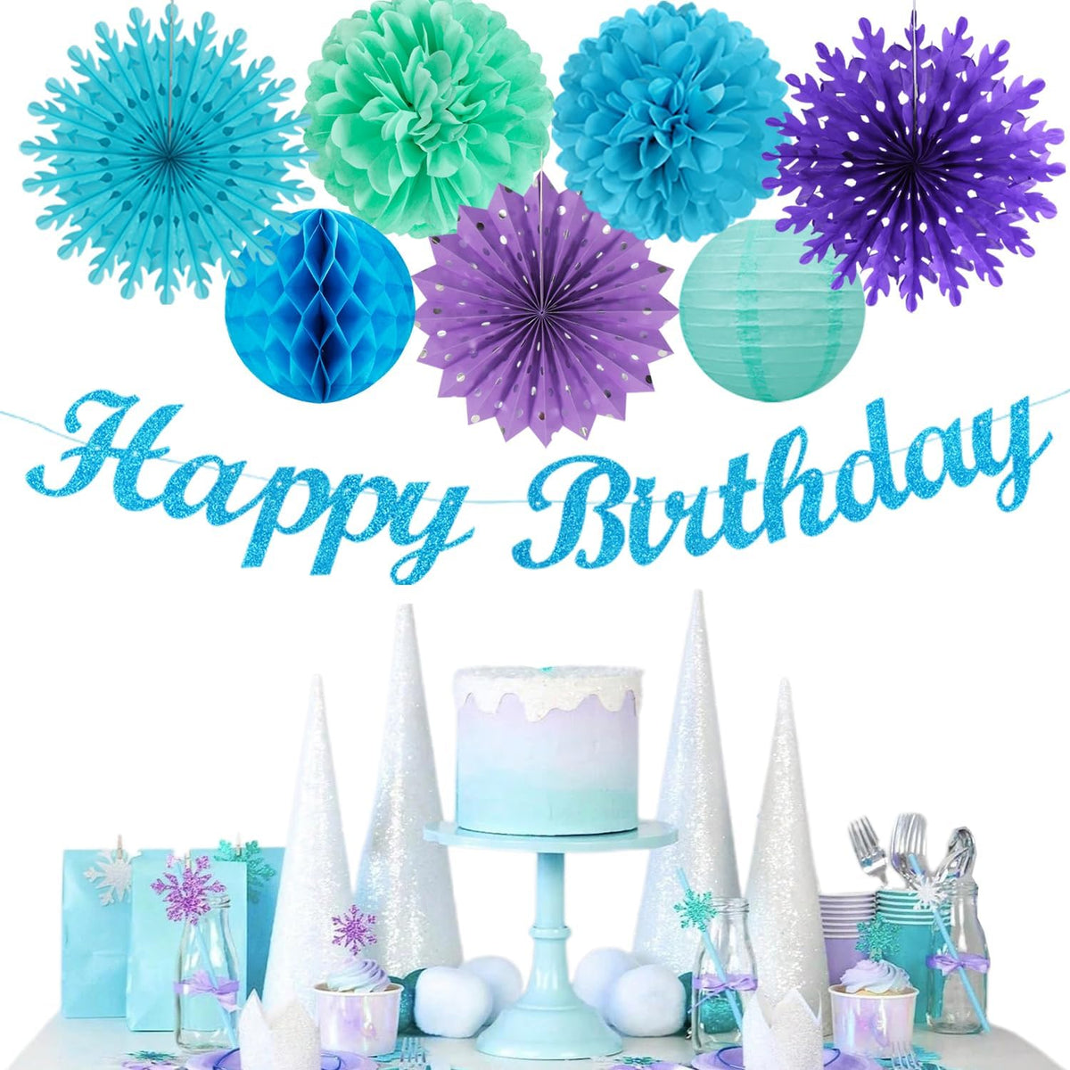 Winter-Wonderland Christmas-Snowflake Frozen Birthday Party-Decorations - 21pcs Happy Banner,Blue Purple Teal Paper Lanterns Honeycomb Streamers,Tissue Pom Poms Flower Fan,Hanging Decor Huglony