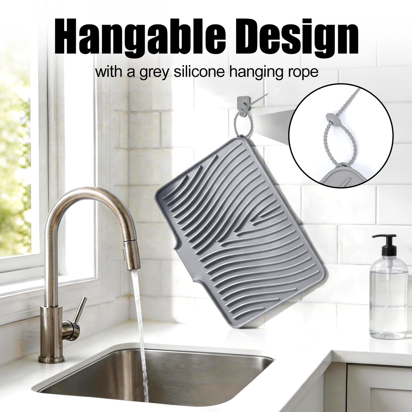 TIKNIK Silicone Dish Drying Mat, Stone Drying Mat for Kitchen Counter with Built-In Drain, Non-Slip Drain Pad with Built-in Drain, Heat Resistant Stone Drying Mat, Hangable, Grey-1pcs, 16" x 12"