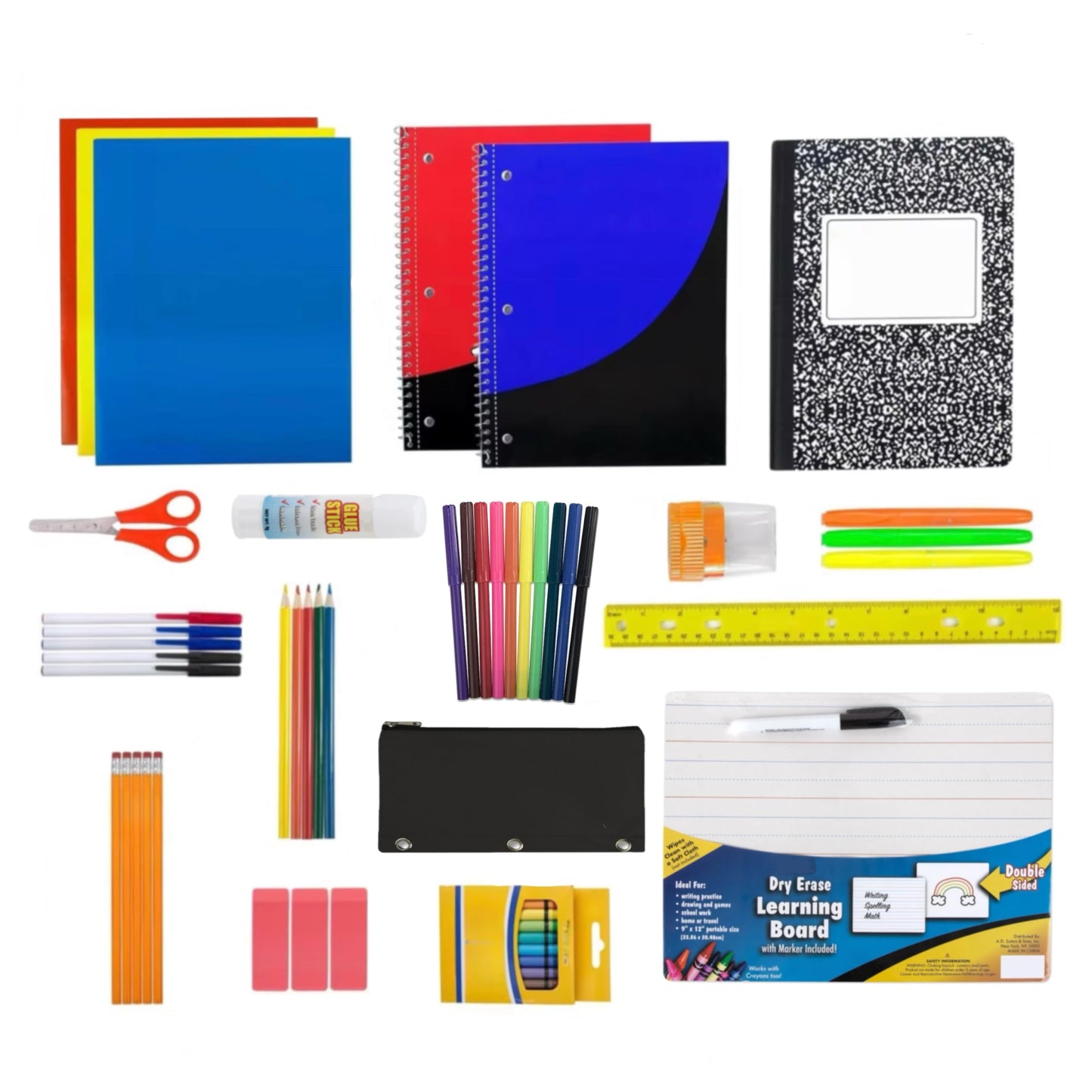 Bebbet 53-Piece School Supplies Kit – Back to School Essentials Set with Folders, Notebooks, Pencils, Pens, Markers, Crayons, Scissors, Ruler & Dry Erase Board for Elementary, Middle & High School