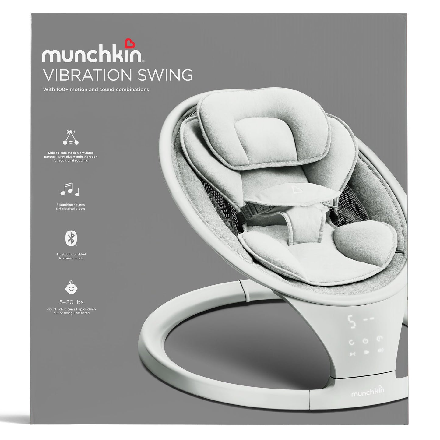 Munchkin Electric Baby Swing with Vibration - Portable Swing for Newborn and Infant, Bluetooth-Enabled Smart Seat with Music, Motion, and Sounds, Light Grey