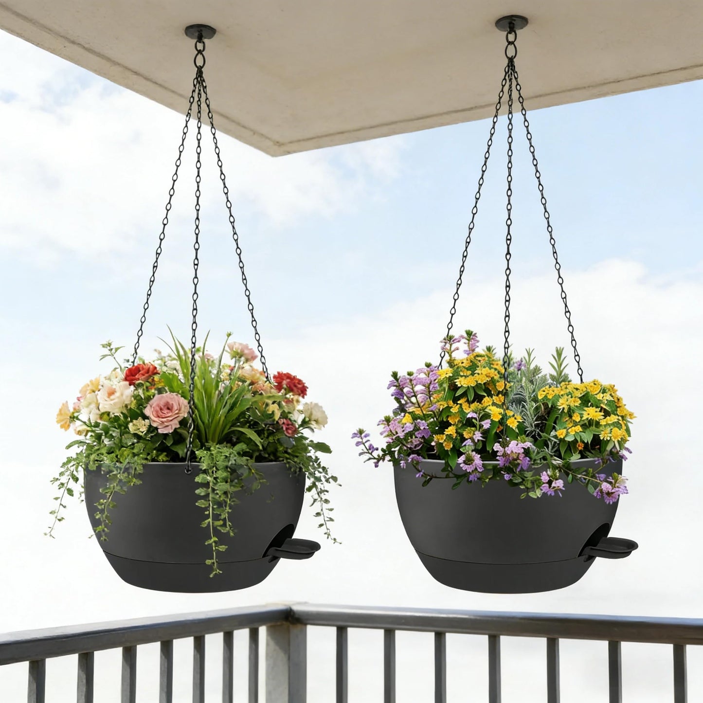zople 2 Pack 12 Inch Self Watering Hanging Planters for Indoor Plants, Large Black Plastic Hanging Pots with Chains for Outdoor Patio Garden Home Decor Black