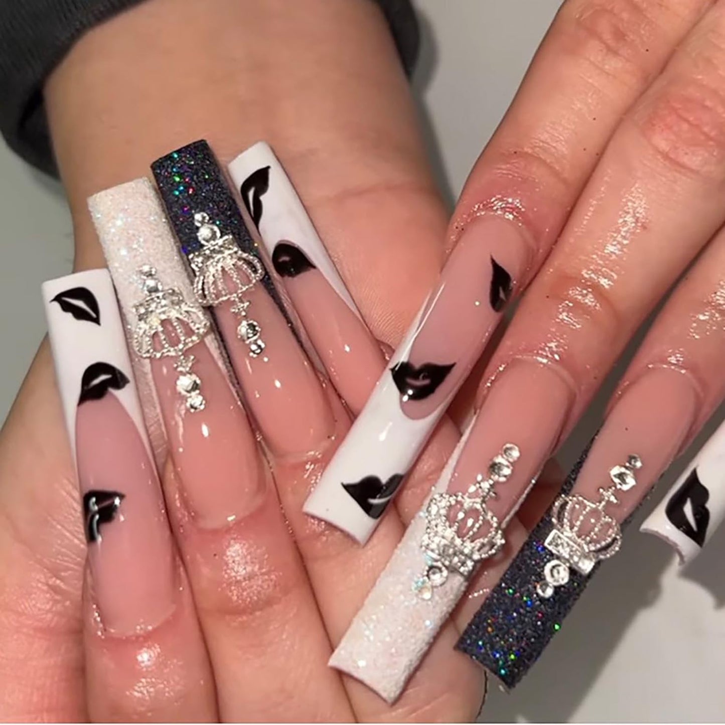 Vezocim French Tips Press on Nails Coffin Long Glossy Full Cover Acrylic Square Fake Nails with Crown Gems Designs Extra Long Artificial False Nails Glue Stick on Fingernails with Charm for Women