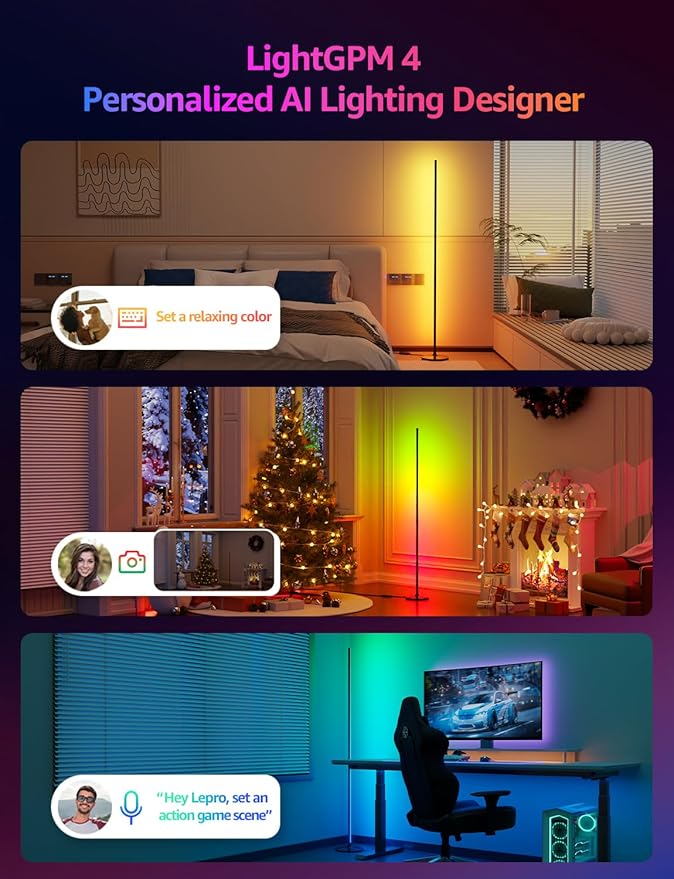 Lepro OE1 AI Corner Floor Lamp, Smart RGBICW LED Corner Lamp with Music Sync, Alexa Enabled, Personalized AI Lighting Designer, Modern Standing Lamp for Living Room/Bedroom,1000LM,2.4G WiFi, No Remote