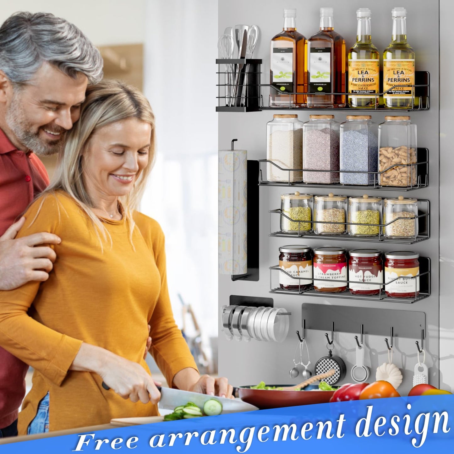 IYEBAU Magnetic Spice Rack for Refrigerator,8 Pack Magnetic Fridge Shelf, Moveable Spice Organizer with Hook Rack, Paper Towel Holder, Utensil Holder,cup lid holder, Super Magnetic Rack Set (Black)