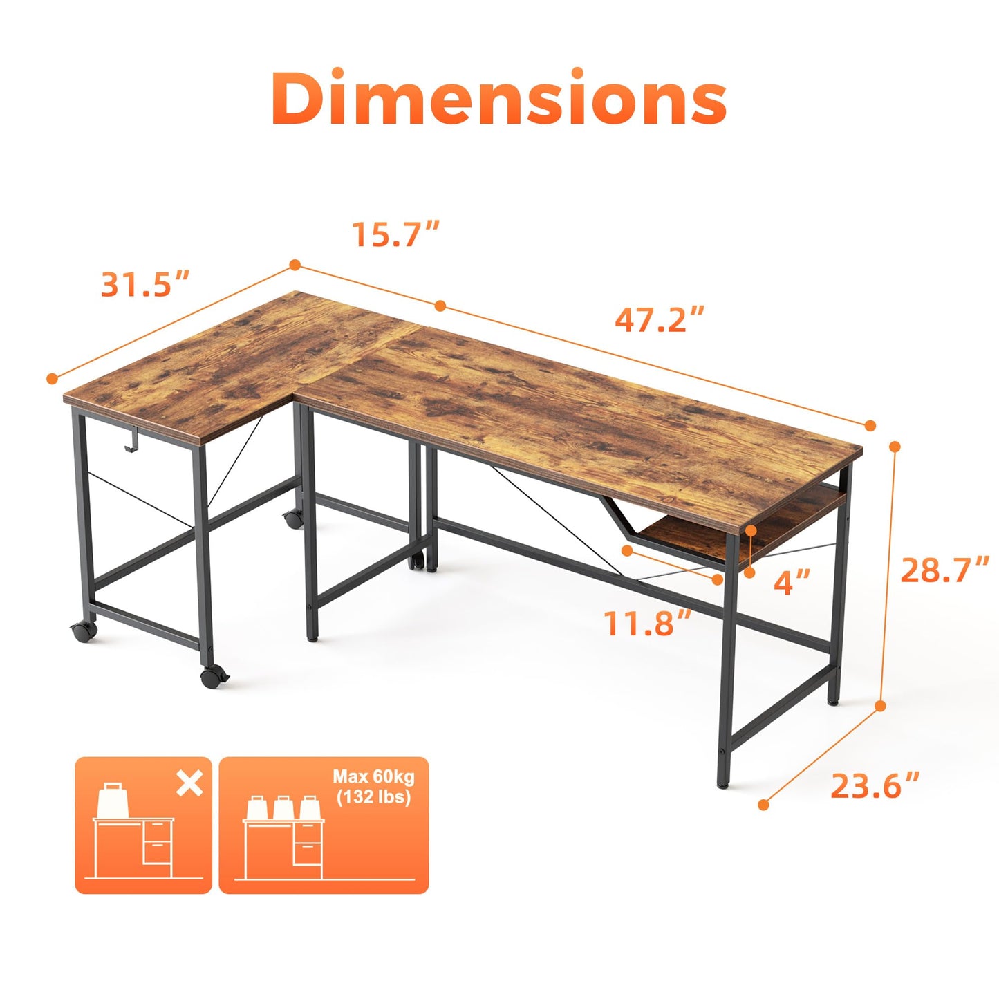 Mericonia 48 inch Computer Desk w/Shelf & Adjustable Feet, 32 inch Rolling Office Desk w/ 1 Hook, Small Space Desk for Home, Office, Study, Writing, Bedroom, 2 Pack