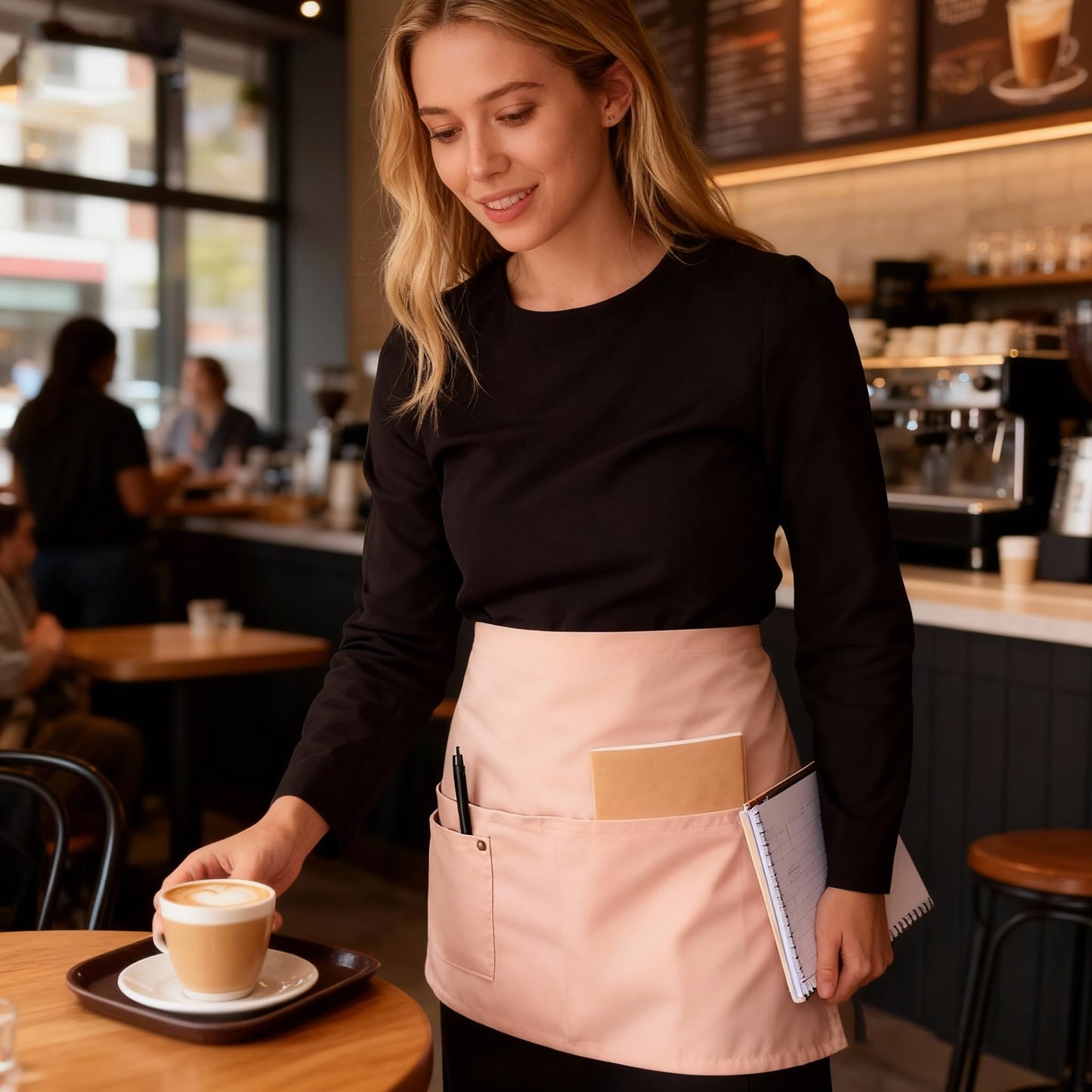 Tiwerlfe Pack of 3 Server Waist Aprons, Each with 5 Pockets, 11.5 Inch Waterdrop & Oil Resistant Waitress Waiter Half Aprons-(Blue+Green+Pink)