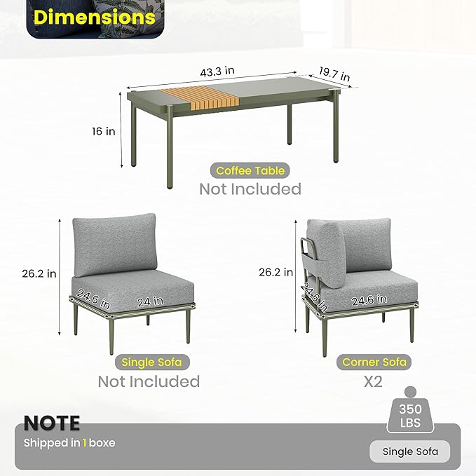 Sundale Outdoor 2 Pieces Metal Patio Furniture Set, Outdoor Sectional Sofa w/6 Inch Olefin Cushion, Modern Outdoor Conversation Sets for Porch, Balcony
