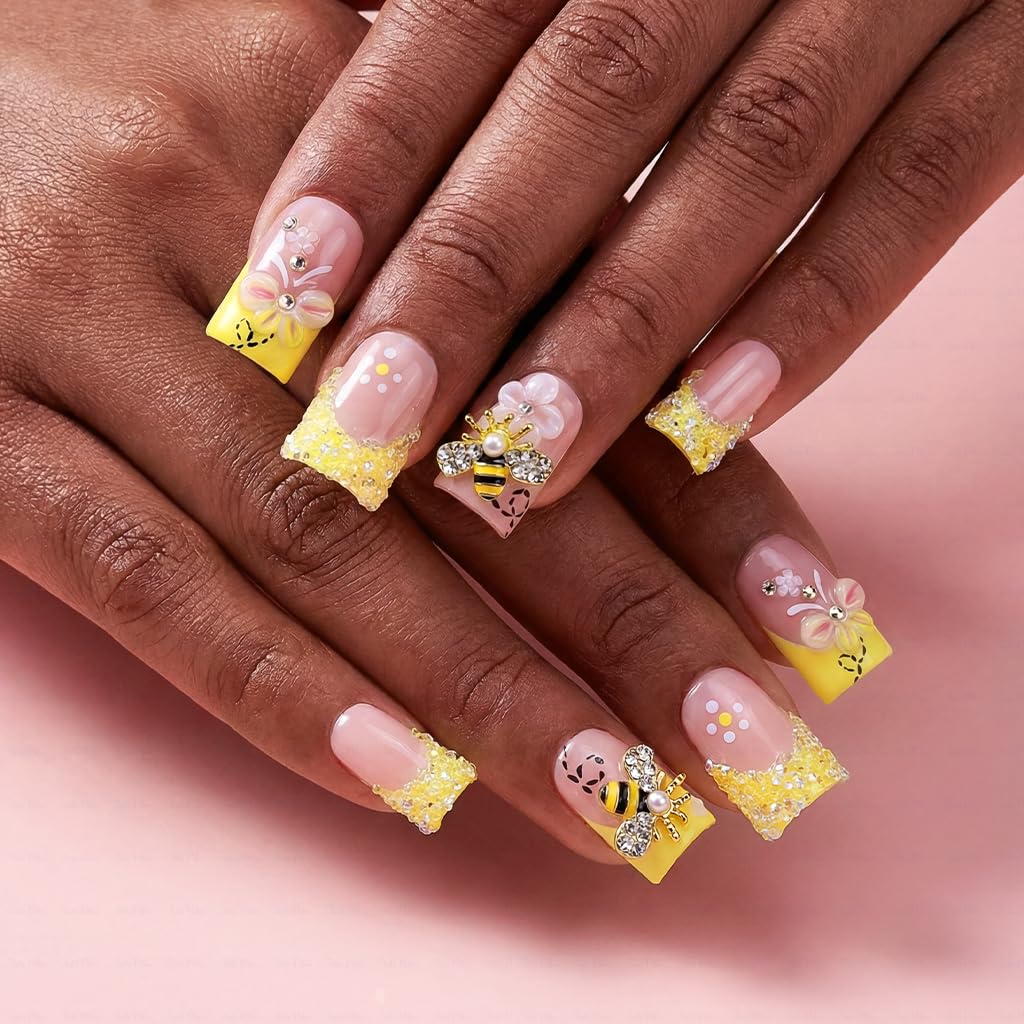 IntoVibes Handmade Short Duck Press On Nails, Precious Bee, 10 Pieces Reusable Acrylic False Nails, Size Large