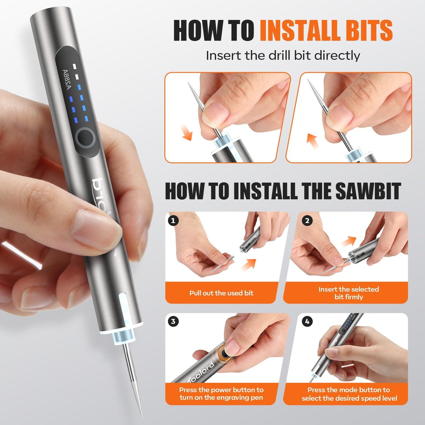 Engraving Pen with LED Light,HollowCup Motor,Cordless USB Rechargeable Rotary Tool for Metal,Wood,Glass and Plastic,DIY Engraving Kit with 30 Bits,Silver
