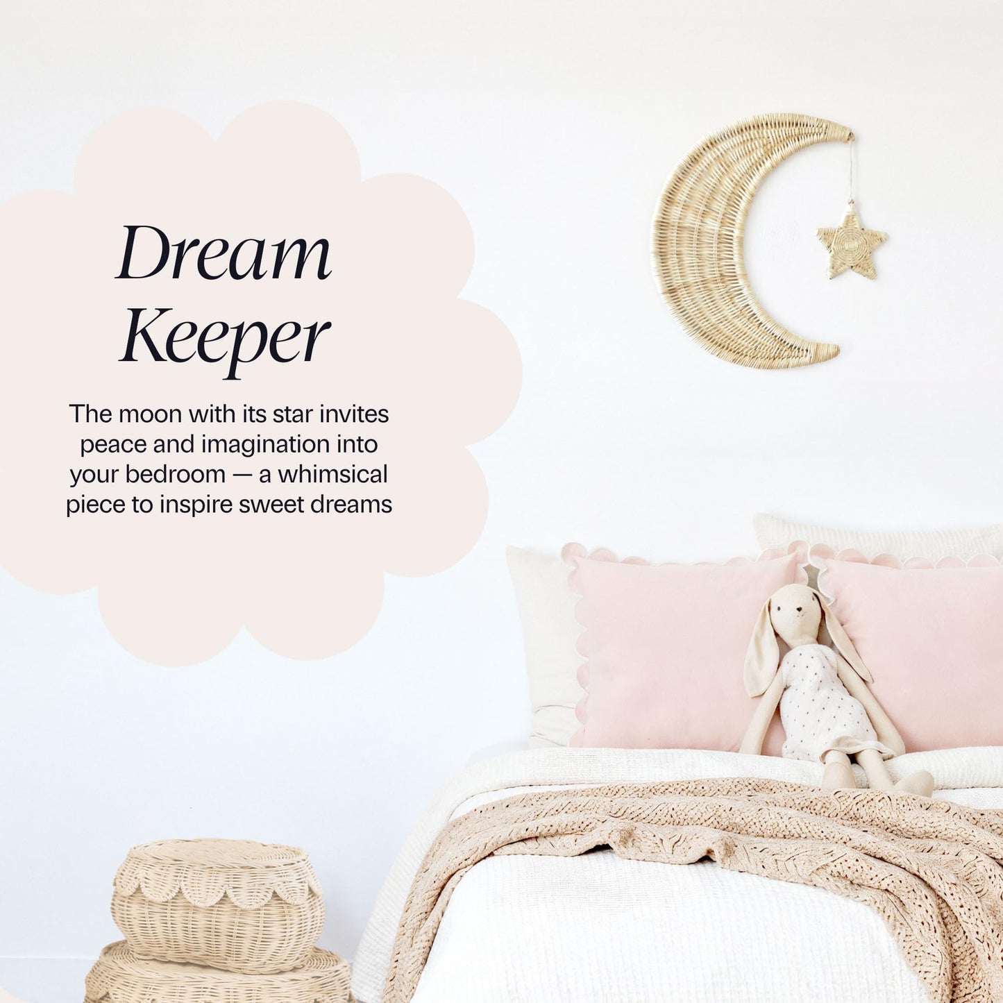 BEBE BASK Handmade Rattan Moon Wall Decor with Star - 100% Natural Organic Rattan Moon Decor for The Boho Nursery Decor - Moon and Stars Nursery Décor