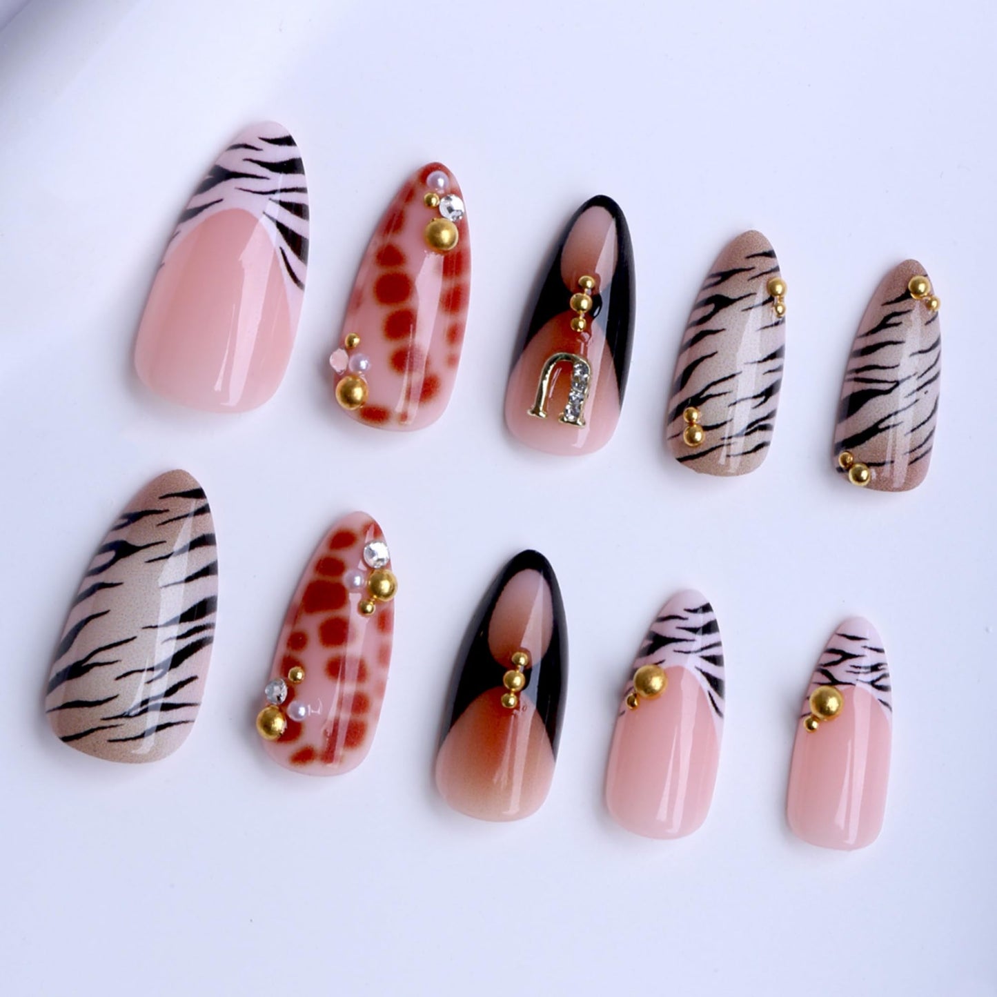 Medium Almond Press on Nails Brown Leopard Stick on Nail for Women 24pcs