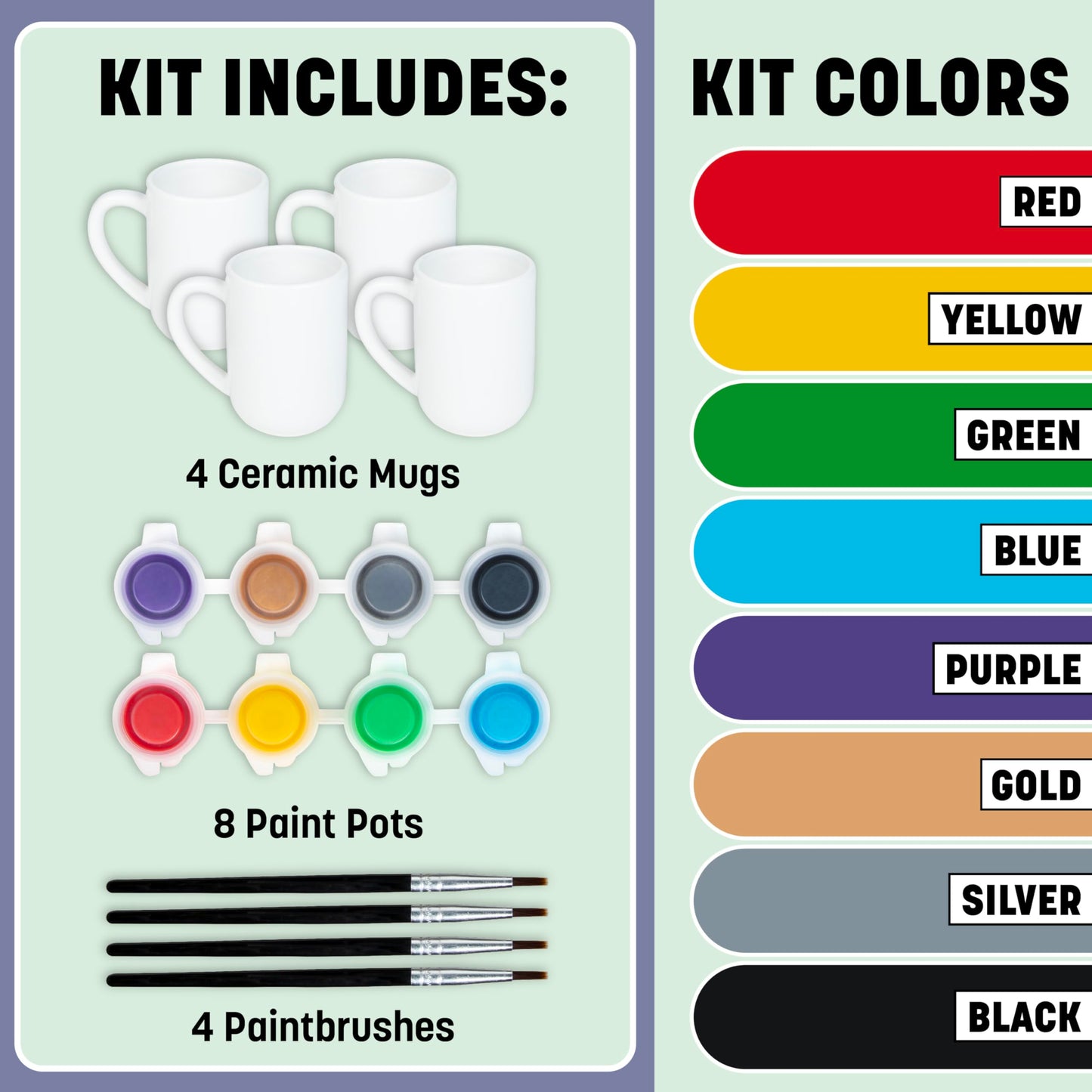 Tulip Painted by Me Ceramic Painting Kit – 4 Paintable Mugs, 8 Food Safe Colors & 4 Brushes, Dishwasher Safe, Paint Your Own Ceramics at Home