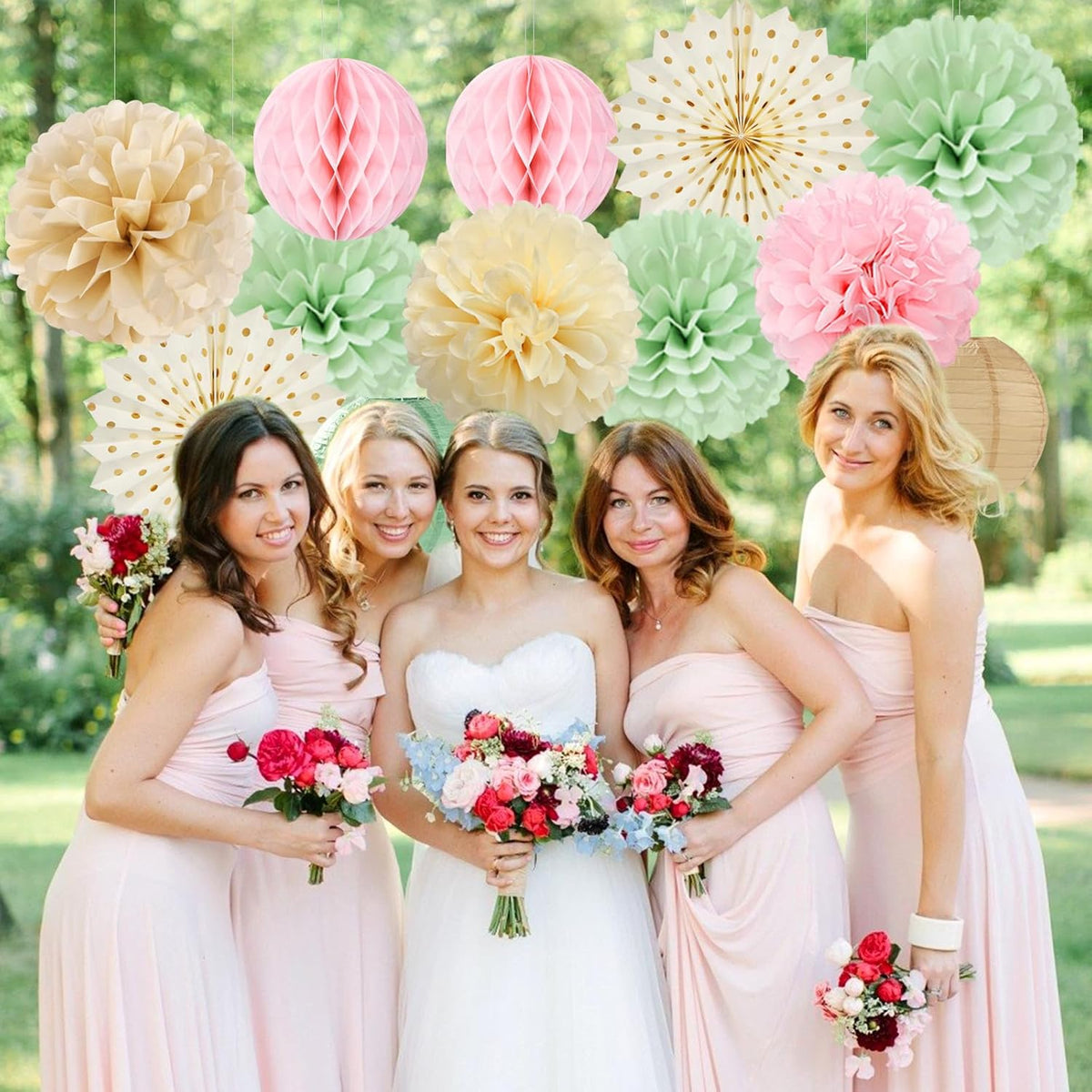 Sage-Green Pink-Champagne Party-Decorations Streamers Lanterns - 14pcs Neutral Baby Shower Paper Fan,Tissue Pom Poms,Honeycomb Balls,Boho Wedding Engagement Bachelorette Birthday Bridal Decor Ouruola
