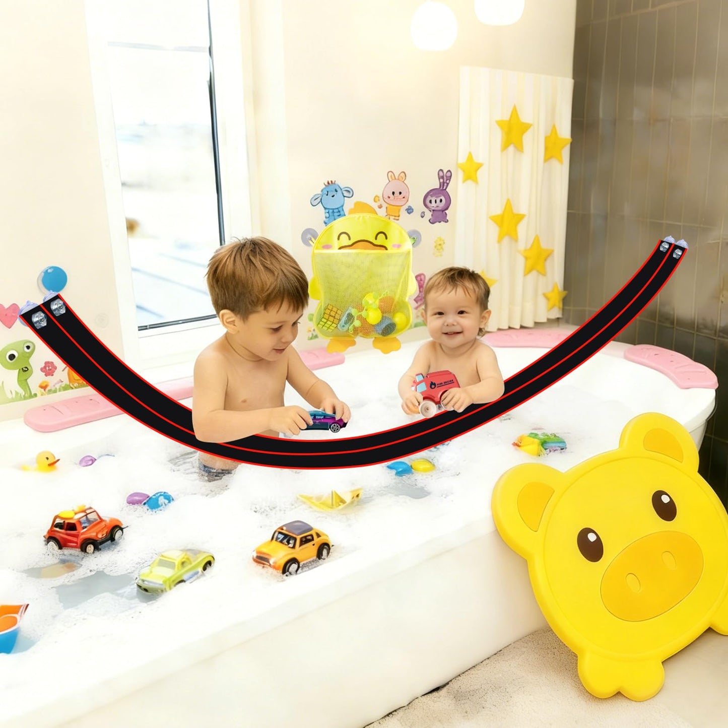 Race Car Bath Toy Set, Toddler Bath Toys, Flex Race Track Car Set, Kids Bathtub Gift, Including Mesh Storage Bag - Suction Cup, for Ages 3 & Up (10-Piece Set) (Black & Red)