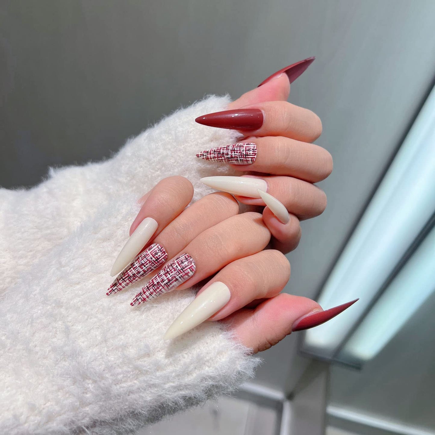 Solid Color Long Pointed Press on Nails, 30 PCS Fashion Glossy False Nails Fake Nails with 3D Embossing Plaid Designs,Full Cover Stick on Nails for Women Girls (Milk White+Red)