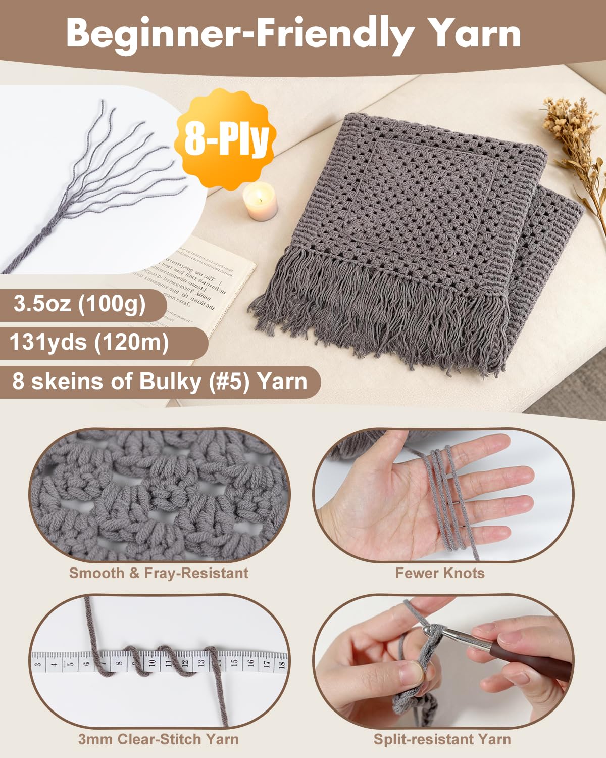 Arborthread Crochet Kit for Beginners, Easy All-Season Pocket Shawl & Scarf Crochet Kit for Adults w/Ample Premium Yarn to Fit Different Sizes, Step-by-Step Video & Instructions, Grey