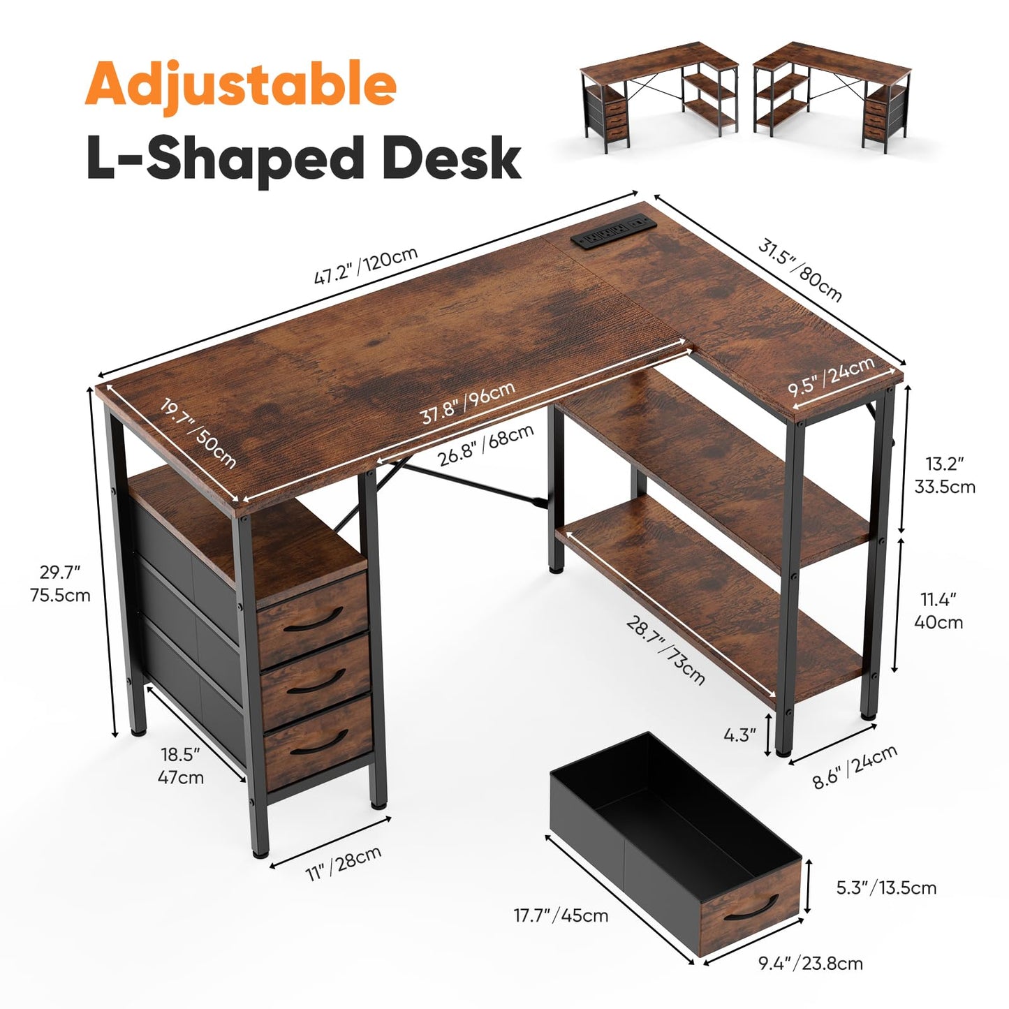 DUMOS L Shaped Desk with Shelf Drawers 47 Inch, Brown Corner Computer Desks Gaming with Power Outlet, Study Table with Adjustable Shelves, Home Office Tables for Bedroom Teacher Reading Writing