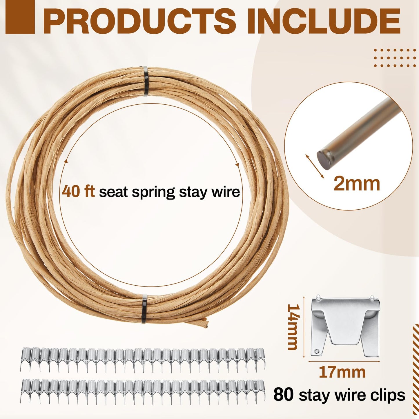 MorningRo Upholstery Stay Wire for Sofa Furniture Springs 40ft Paper Wrapped Wire 9 Gauge with 80 Clips Upholstery Supply Spring Repair Kit