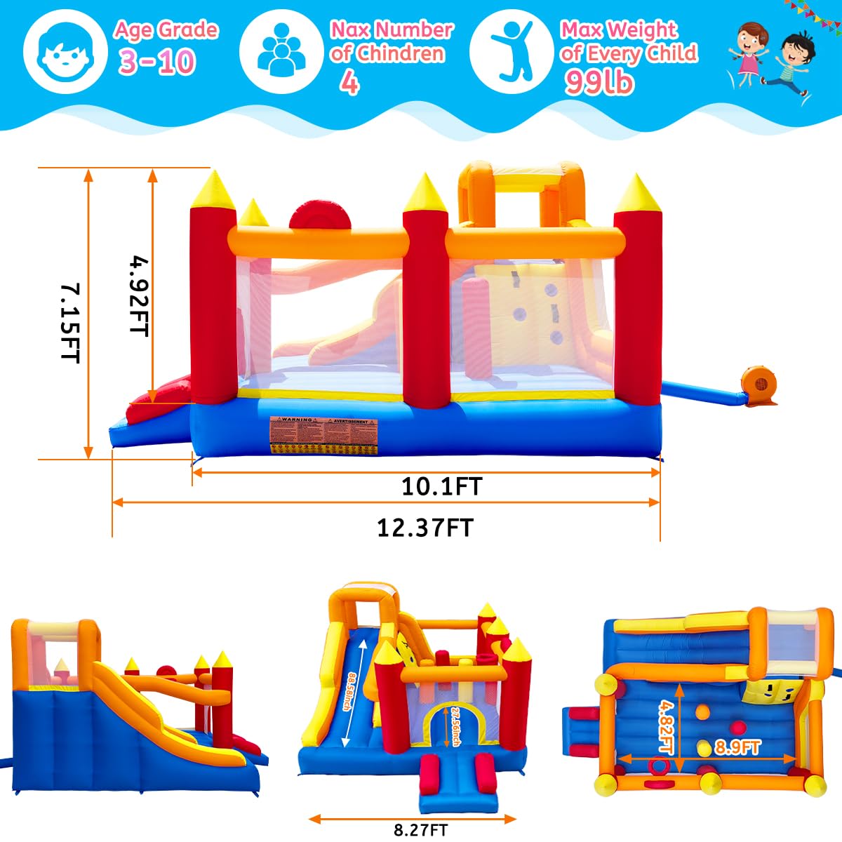 Baralir Inflatable Bounce House with 8.98 * 4.82 Ft Oversized Jump Area, 88'' Extra-Long Slide Kids Bounce House with Climbing Wall, Obstacle Poles & Hoop- Durable & Safe Backyard Fun for Kids