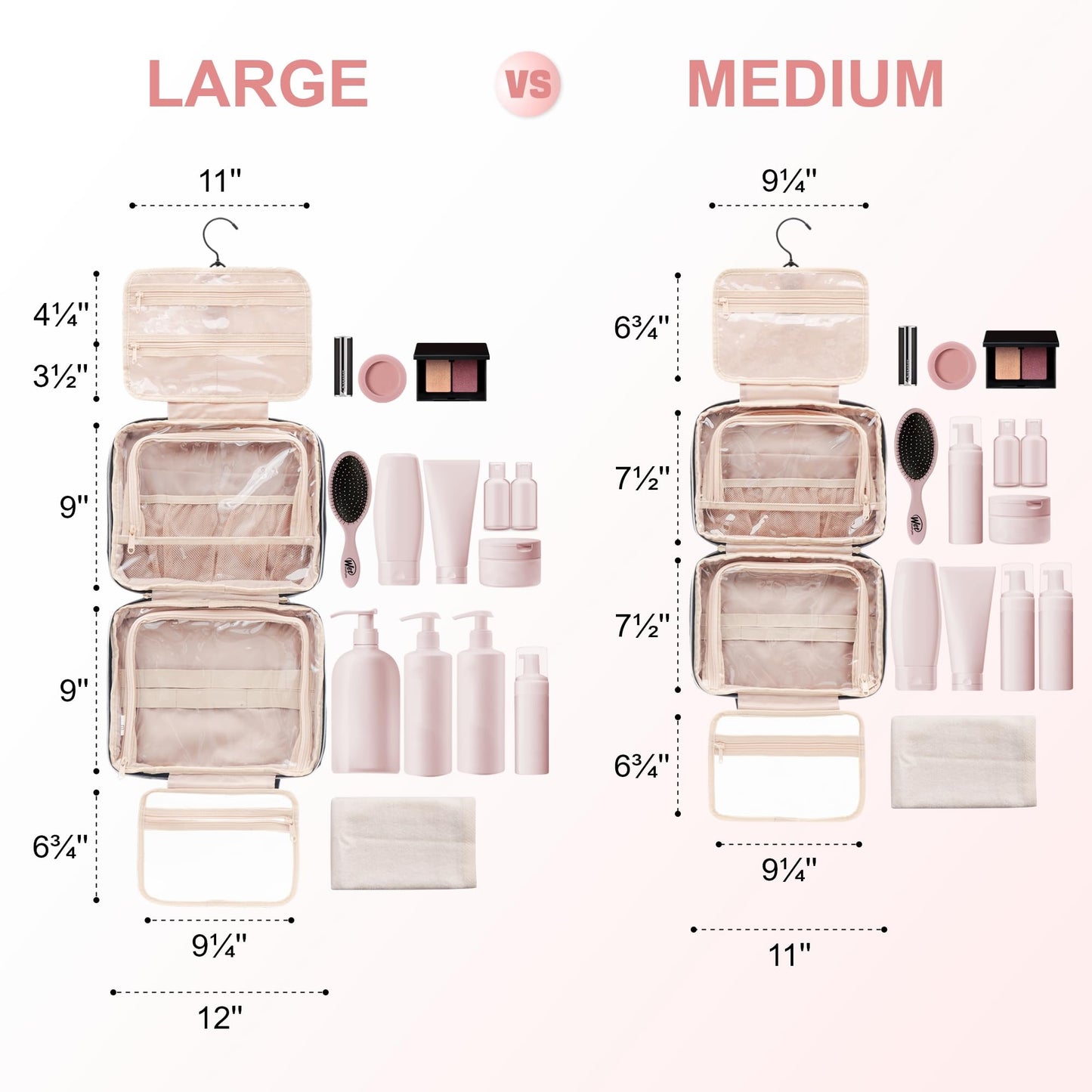 Everfun Hanging Toiletry Bag for Travel, Mothers Day Gift for Mom, 11x7.75x4.5 inch Medium Capacity Cosmetic Organizer with Leakproof Wet/Dry Compartment, Waterproof Dopp Kit for Women Pink