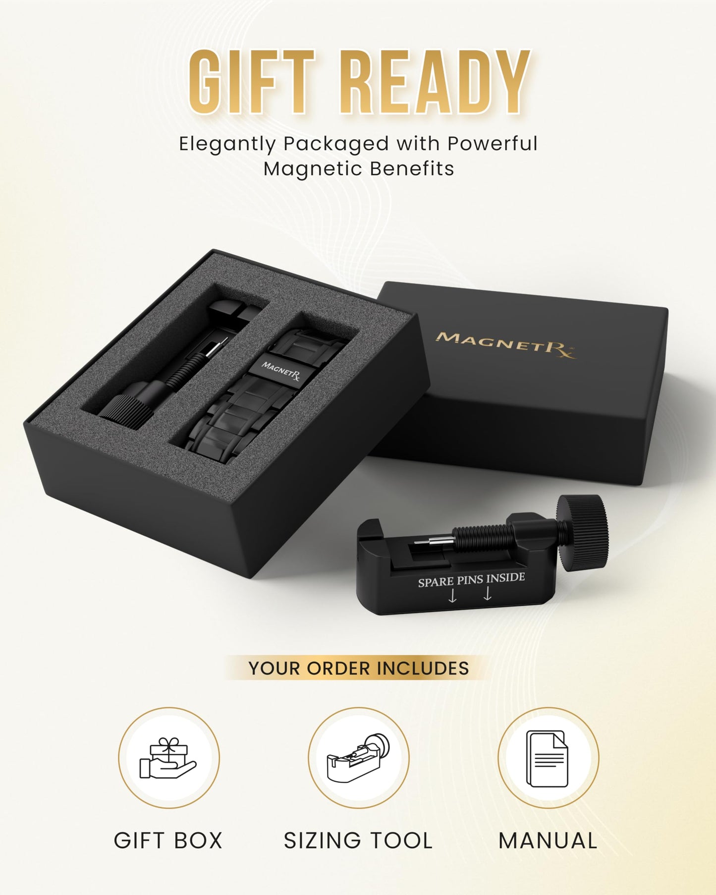 MagnetRX® 3X Strength Magnetic Bracelets for Men – Effective Titanium Mens Magnetic Bracelet – Premium Fold–over Clasp & Adjustable Length with Sizing Tool & Gift Box (Black)