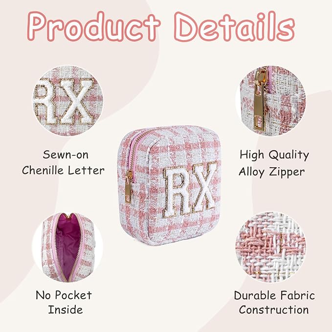 Small Medicine Bag for Travel, Personalized RX Chenille Letters Checkered Pouch for Women and Girls, Cute Meds Drug Makeup Bags with Zipper (03Black Checkered)