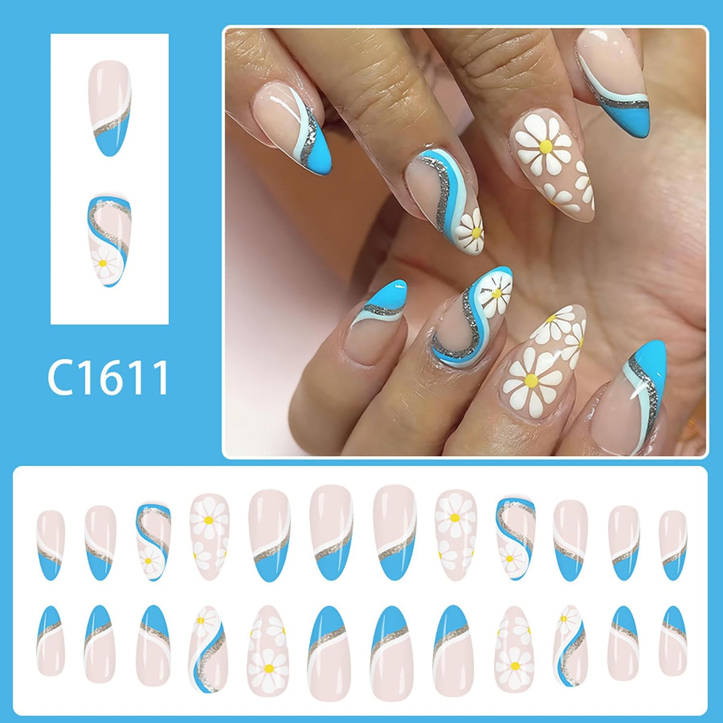 White Daisy Press on Nails Medium Almond Fake Nails with Glitter Blue Stripe Designs Blue French Tip False Nail Spring Summer Flowers Stick on Nail for Women 24Pcs