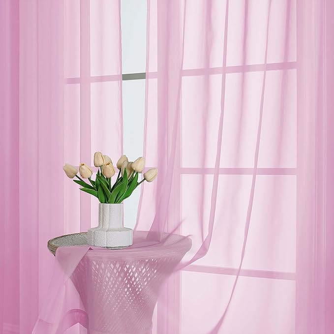 Lecloud Light Pink Sheer Curtains 63 Inch Length 2 Pcs, Dual Rod Pockets Light Filtering Window Curtains for Bedroom, Farmhouse Voile Solid Drapes for Living Room Bathroom, Each Panel 59" W x 63" L