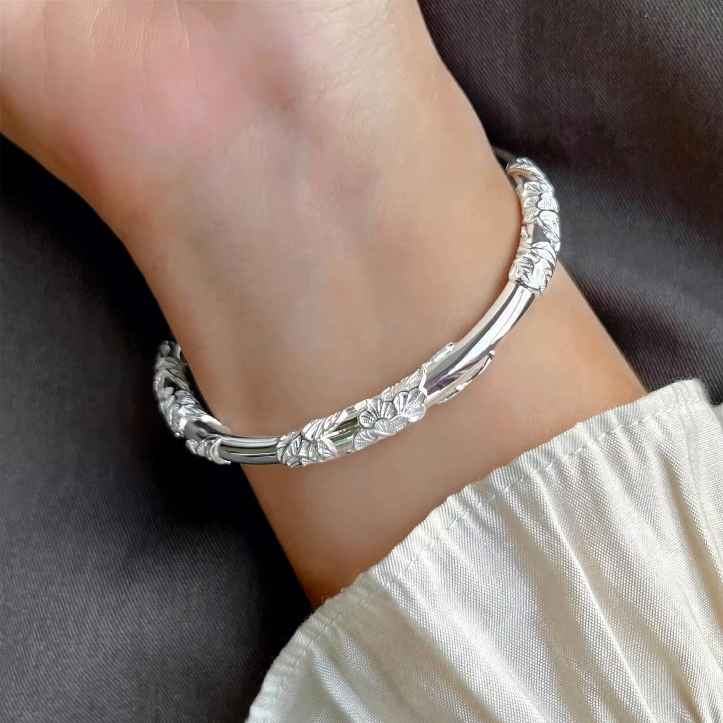 Solid 925 Sterling Silver Bracelet for Women Minimalist Adjustable Cuff Bangles Fashion Stackable Handmade Floral Engrave Bracelets Trendy Boho Cuff Bracelet Jewelry Gift for Birthday Women's Day