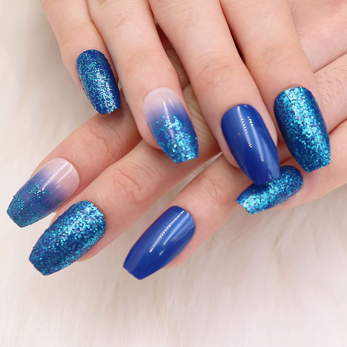 MISUD Press on Nails - Medium Coffin Glue on Nails with Blue Ombre, Acrylic Bling Glitter Design 24 pcs