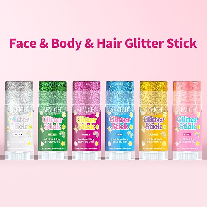 SEVICH Glitter Stick Pink for Face Body Hair,Skin Safe Waterproof Sparkle with No Glue Needed,Easy to Apply and Remove for Parties Festivals Makeup,15g