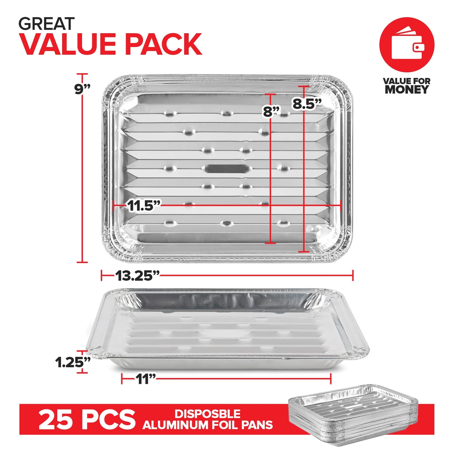 Stock Your Home Disposable Aluminum Foil Broiler Pan for Oven (25 Pack) Sheet Pans for Grilling, Roasting Rack, Trays with Ribbed Surface for BBQ Grill-Like Texture
