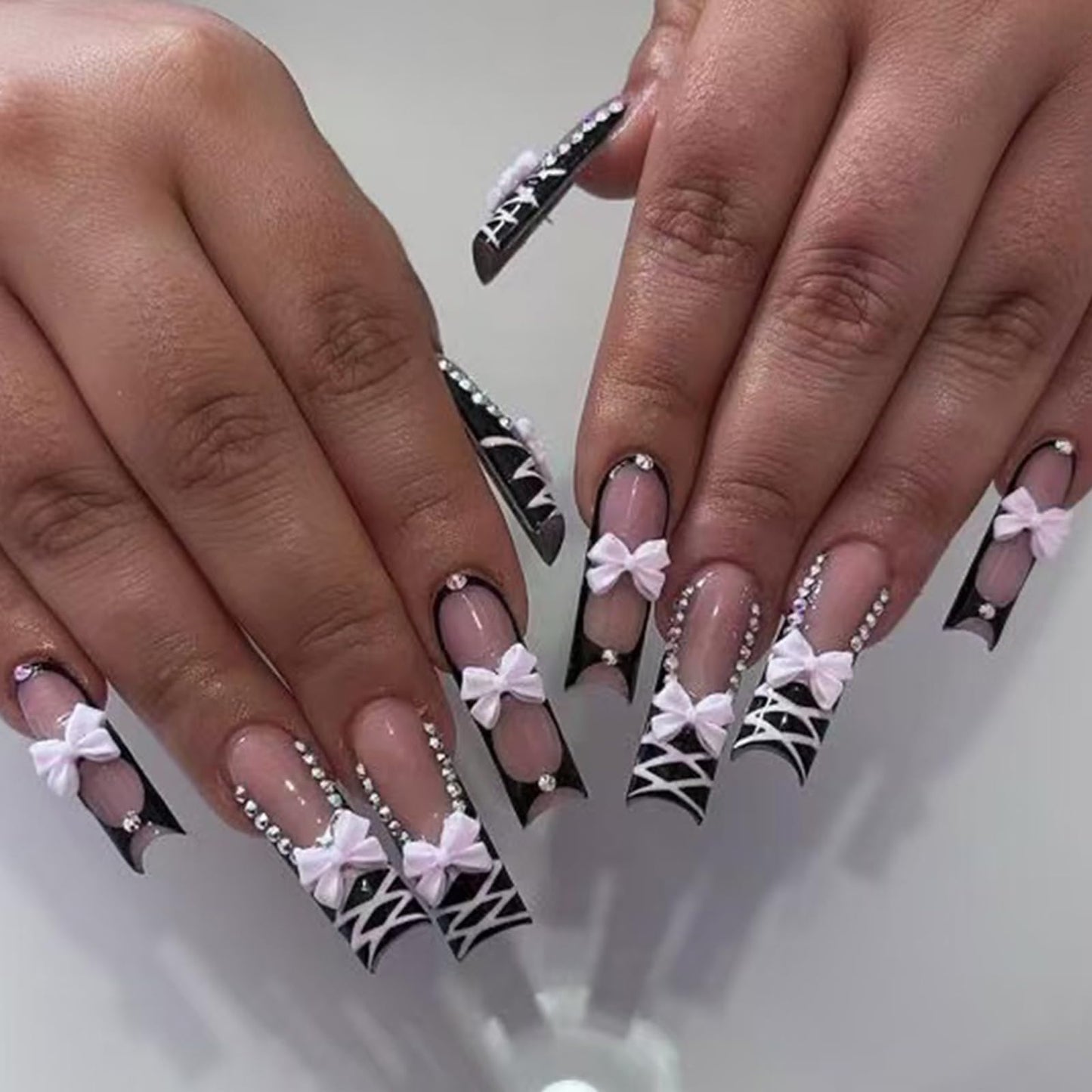 IMRAIN Press on Nails Long Square Fake Nails Artificial Acrylic False Nails - Black, Pink, Bow, French Tip, Glossy, Rhinestone, Full Cover Glue on Nails