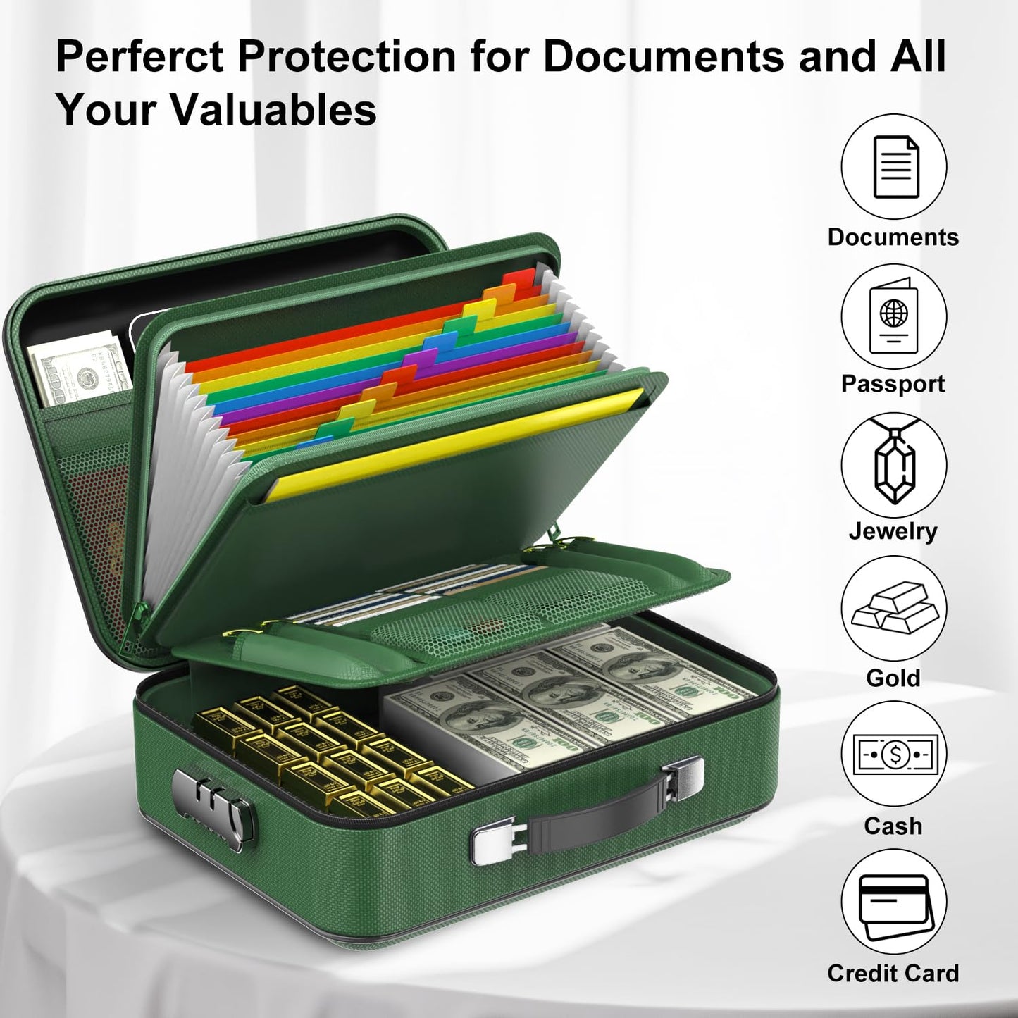 COLCASE Fireproof Document Folder, Hard Fireproof Waterproof Document Box with Lock Creative Hard-Shell Design Fireproof Document Box for Important Documents Certificates Laptop Passports Green