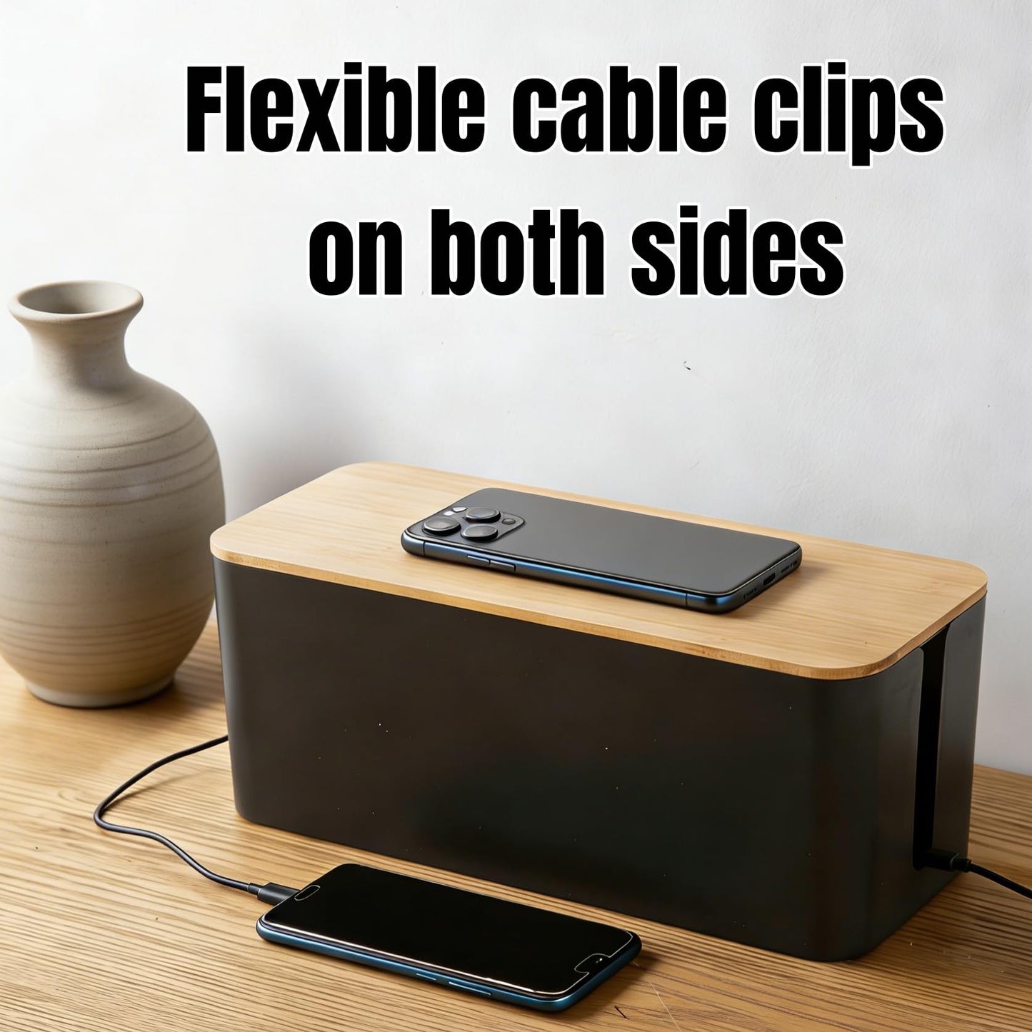 1 Large + 1 Small Cable Management Box Set – 2-Piece Cord Organizer Box, Home Office Desk Wire Storage & Cable Management Solution (Bamboo Lid/Black)