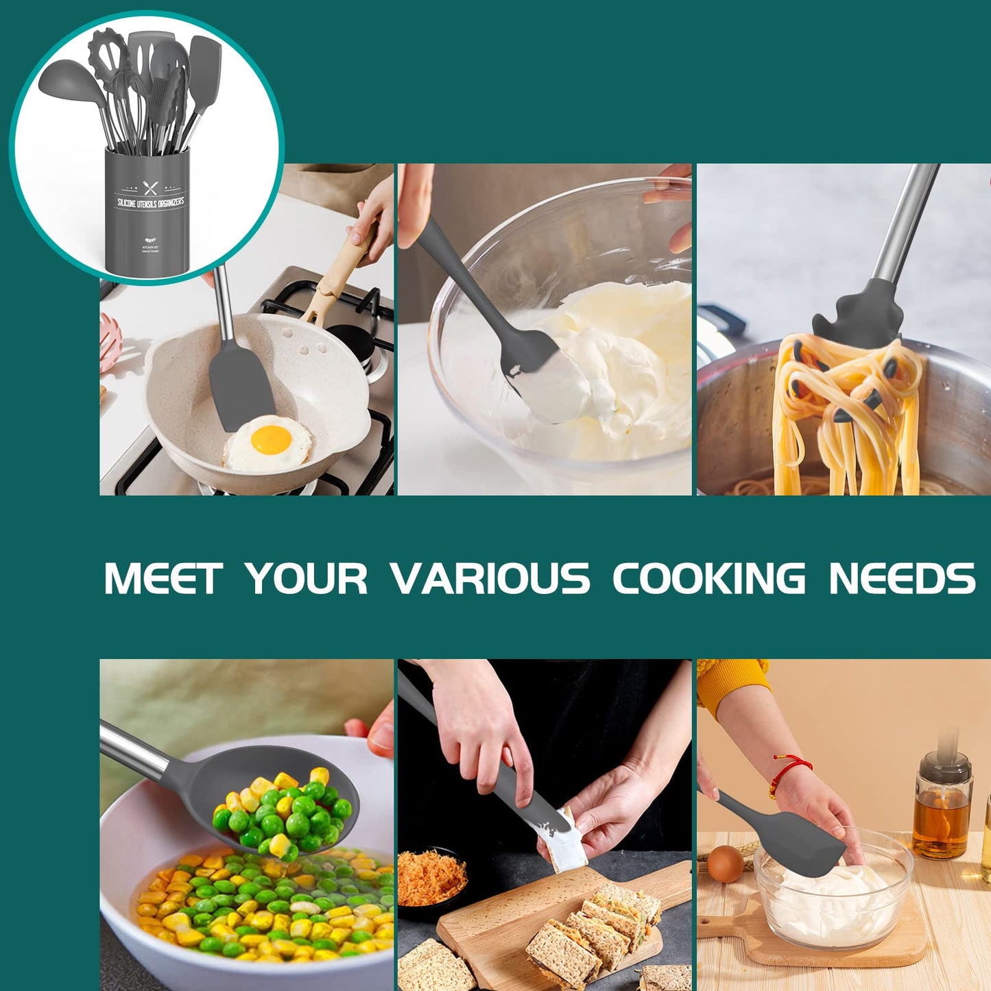 Stainless Steel Kitchen Cooking Utensil Set, Umite Chef 15 pcs Cooking Utensils - Nonstick Kitchen Utensils Cookware Set Spatula Set -Kitchen Gadgets Utensils Set, Kitchen Tools Gift (Gray)