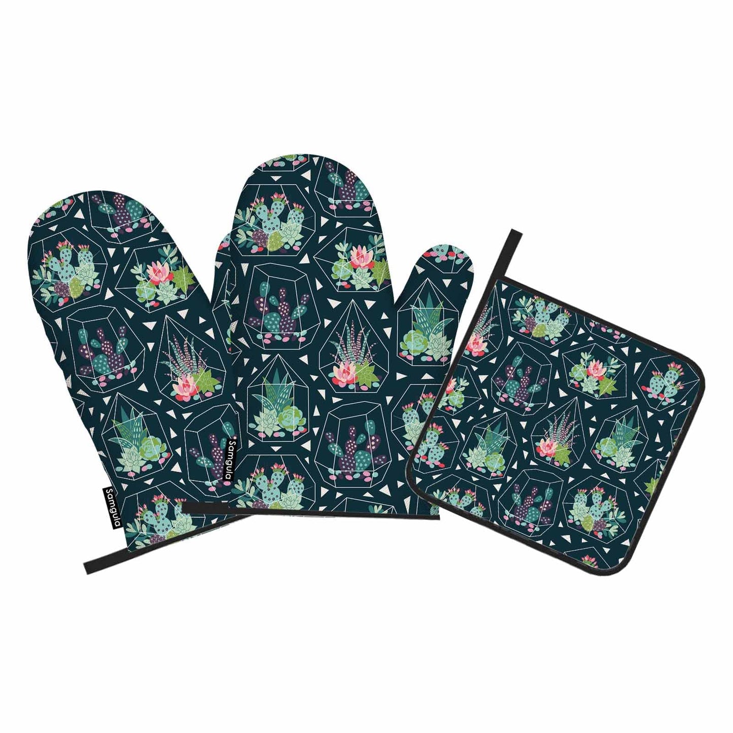 Samgula Green Plant Oven Mitts and Pot Holders Sets Succulents Cactuses in Glass Terrariums Heat Resistant 3pcs for Cooking Baking BBQ