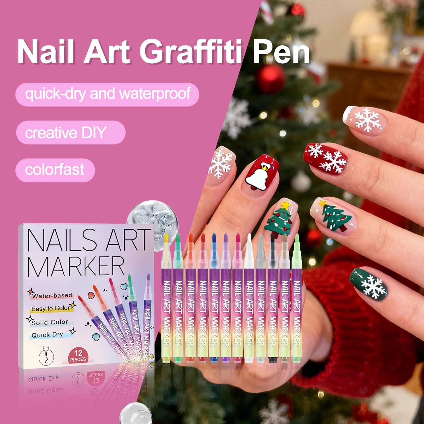 Zisen Bilen Nail Art Marker - 12 Vibrant Colors Nail Polish Markers, Quick Dry Waterproof DIY Nail Pens for Beginners