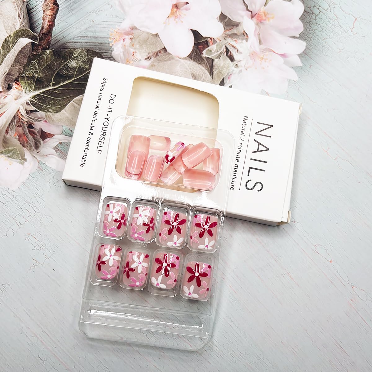 Pink French Tip Press on Nails Short Square Fake Nails with Glue Nude Acrylic Nails Stick on Nails Spring Flowers False Nails for Women and Girls Reusable Nails Kits 24pcs