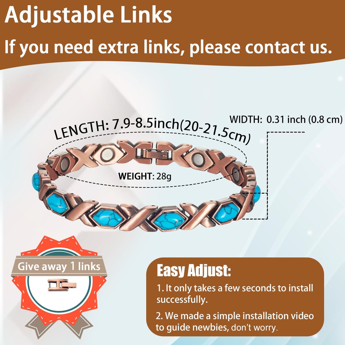 EnerCoppeX Copper Magnetic Bracelet for Women - Turquoize Detox Jewelry with 3500 Gauss Magnet (S)