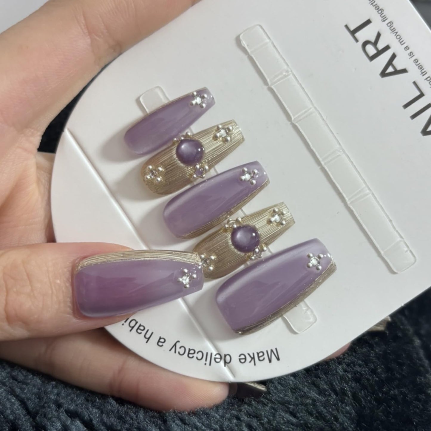 RENBING handmade press on nails short,coffin fake nails with designs,10 pcs high hardness acrylic nails press ons,3d cute false nails for women-Purple buccellati(S)